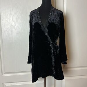 2003 VTG VICTORIAS SECRET SILK BLACK VELVET RHINESTONE ROBE CARDIGAN